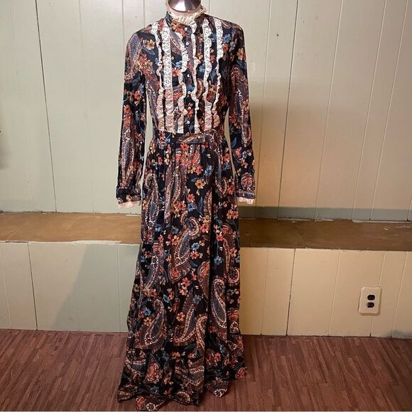 Vintage 1970's 70s Denise L Paisley Lace Prairie Hippie Trim Cotton Maxi Dress - Picture 2 of 10